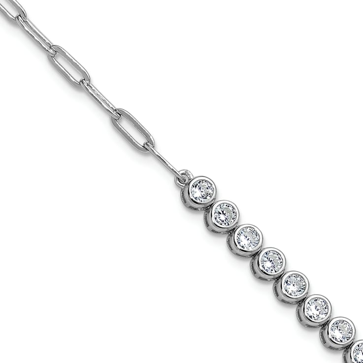 Rhodium Over Sterling Silver Bezel Set Cubic Zirconia and Paperclip Link Bracelet