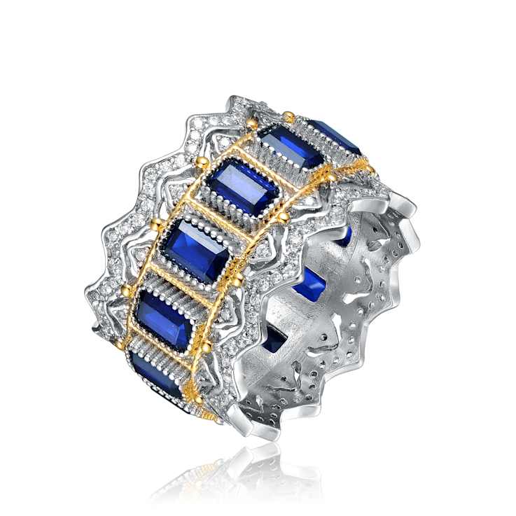 Sapphire Color CZ Two-Tone Cocktail Ring In White Gold And 14K Gold Over Brass