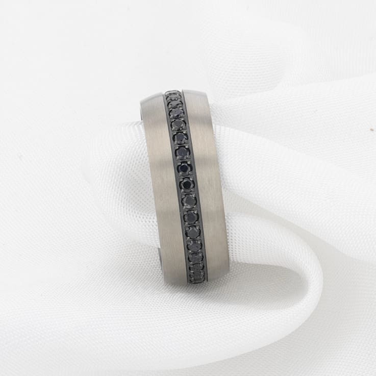 AVIATOR Domed Brushed Titanium Men's Wedding Band with Black Sapphire
Stones Inlay 8mm