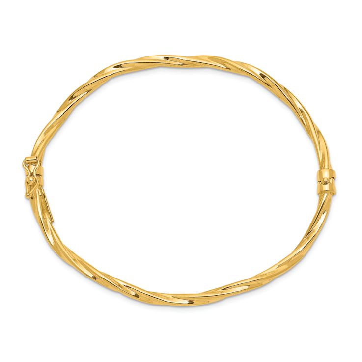 14k Yellow Gold Polished 3mm Twisted Hinged Bangle Bracelet