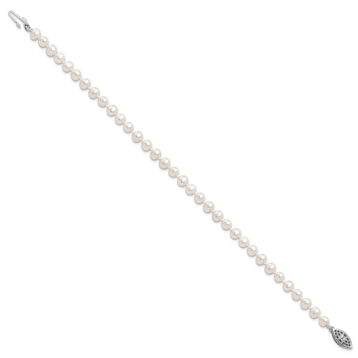 Rhodium Over Sterling Silver 4-5mm White Freshwater Cultured Pearl Bracelet