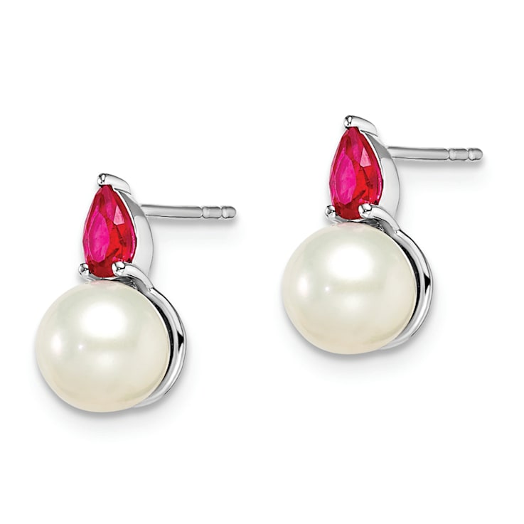 Rhodium Over 14K White Gold Freshwater Cultured Pearl and Ruby Post Earrings