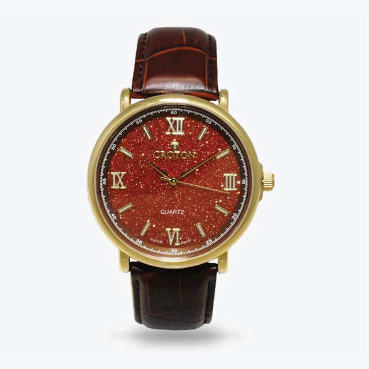 Croton Stainless Steel Quartz Watch with Rust Color Glass Dial and
Leather Strap