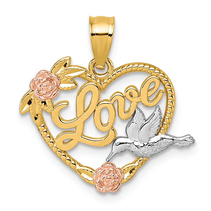14K Tri-color Gold Polish Love Floral And Bird Heart Pendant