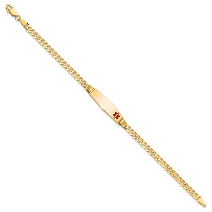 14k Yellow Gold Medical Soft Diamond Shape Red Enamel Curb Link ID Bracelet