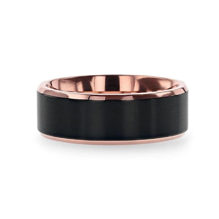STEPHEN Rose Gold Plated Black Titanium Flat Brushed Wedding Ring With
Beveled Polished Edges 8mm