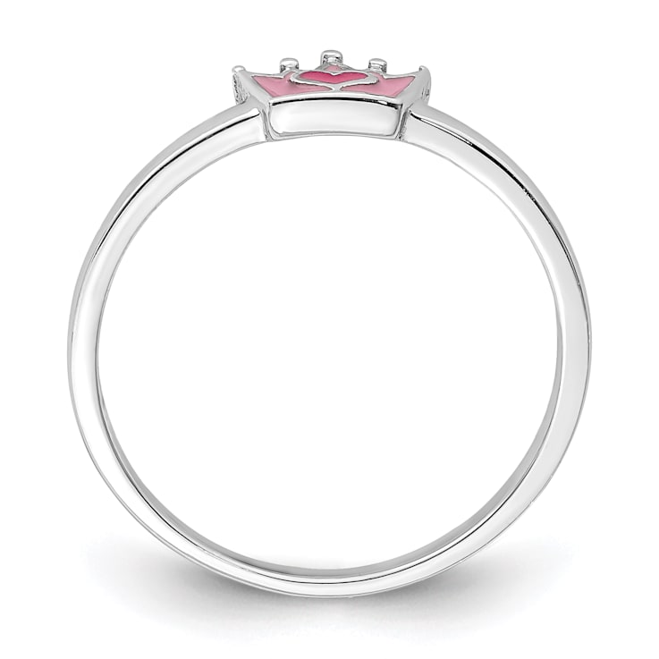 Rhodium Over Sterling Silver Polished Pink Enamel Crown Children's Ring