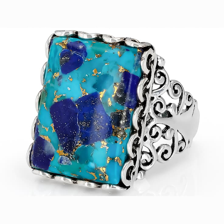 Blended Turquoise And Lapis Lazuli Solitaire Ring In Oxidized Sterling Silver