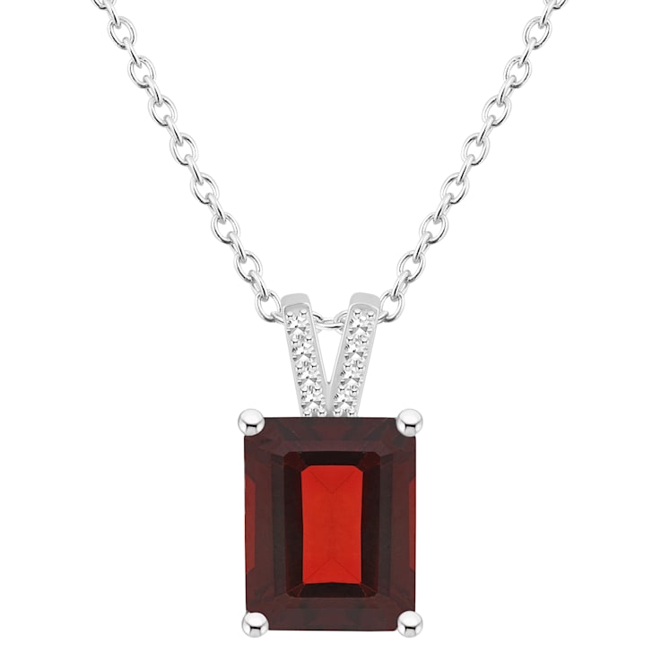 10x8mm Emerald Cut Garnet With Diamond Accents Rhodium Over Sterling
Silver Pendant with Chain