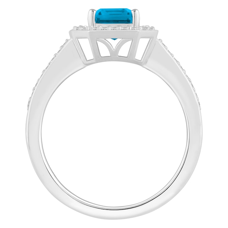 8x6mm Emerald Cut Blue Topaz 1/5 ctw Diamond Rhodium Over Sterling
Silver Halo Ring