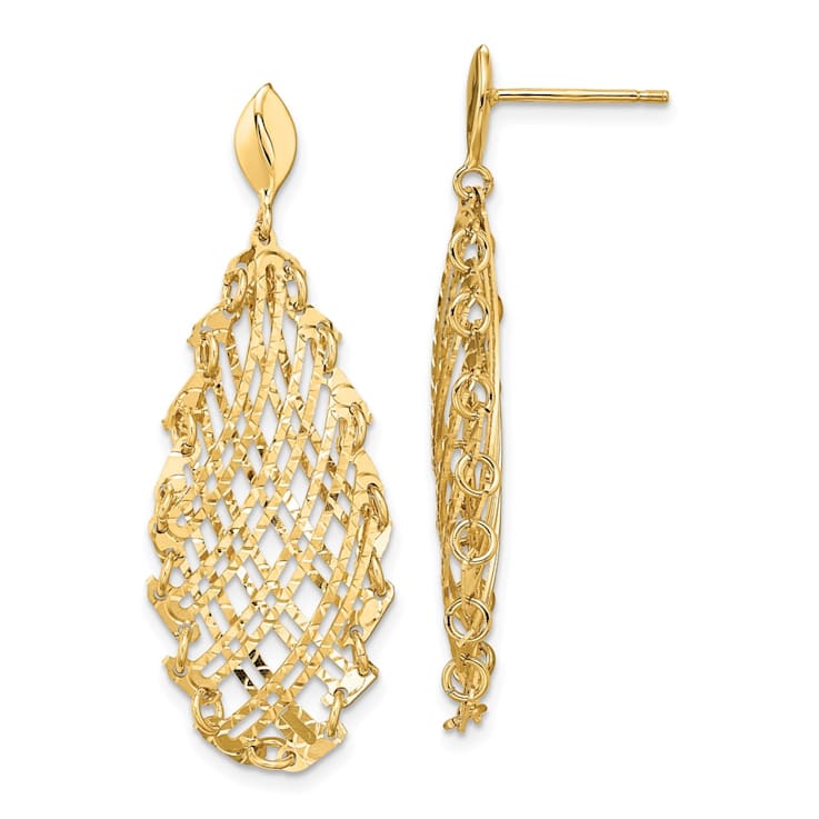 14K Yellow Gold Polished Diamond-cut Post Dangle Earrings