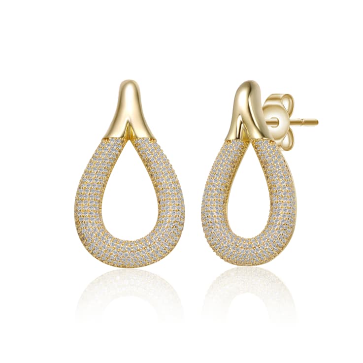 CZ Pave Raindrop Front-Facing Mini-Hoop Earrings In 14K Gold Over Brass