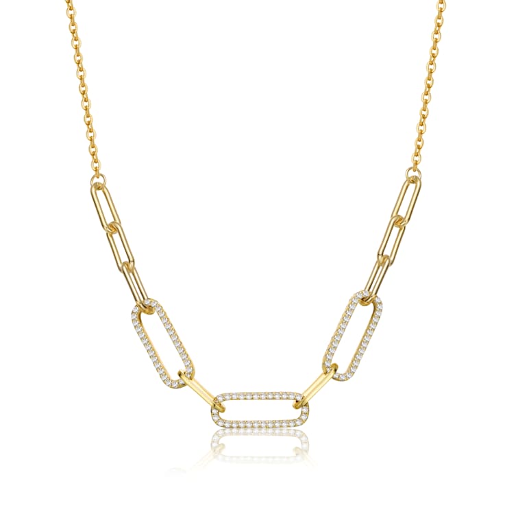 Clear Cubic Zirconia, 14k Gold Plated over Sterling Silver Elongated
Cable Link Chain Necklace
