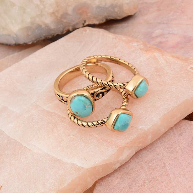 Barse Turquoise Mixed-Shape Ring Set Of 3 In Bronze