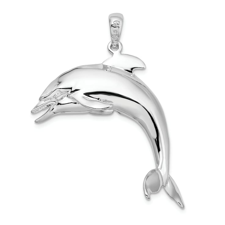 Rhodium Over Sterling Silver Polished 3D Jumping Dolphin Pendant
