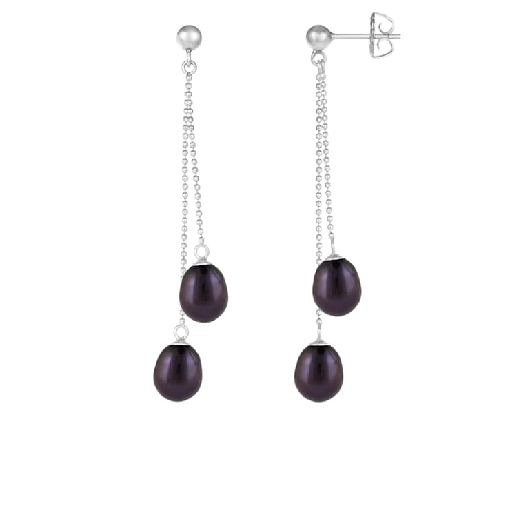 7-7.5mm Black Cultured Freshwater Pearl Rhodium Over Sterling Silver Earrings