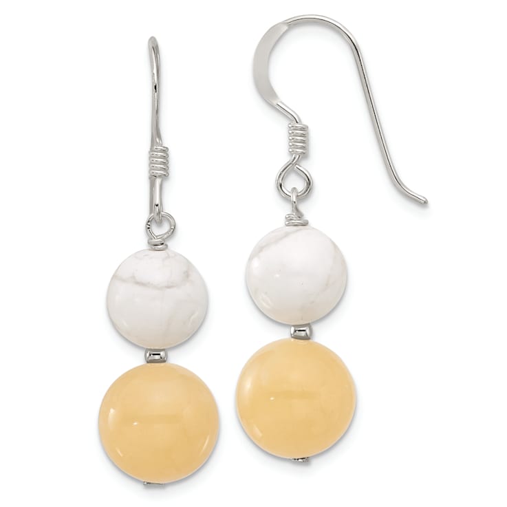 Sterling Silver Polished White Howlite and Yellow Jadeite Dangle Earrings
