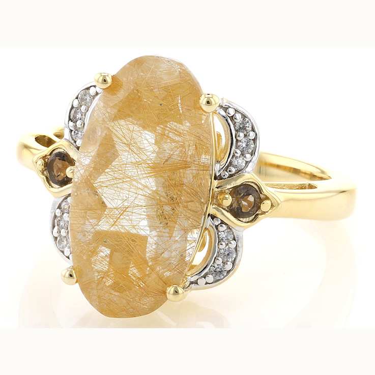 Golden Rutilated Quartz, Smoky Quartz And White Zircon Ring In 18K Gold
Over Sterling Silver 5.20ctw