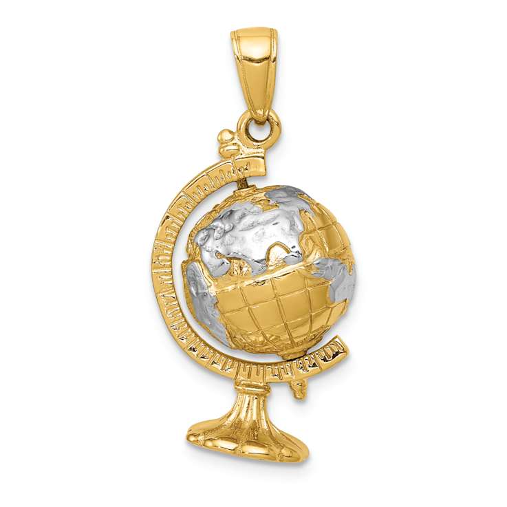 14k Yellow Gold and Rhodium Over 14k Yellow Gold 3D Moveable Textured
Globe Pendant