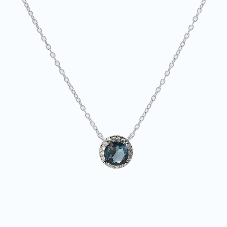 London Blue Topaz with White Topaz Halo Rhodium Over Sterling Silver Necklace