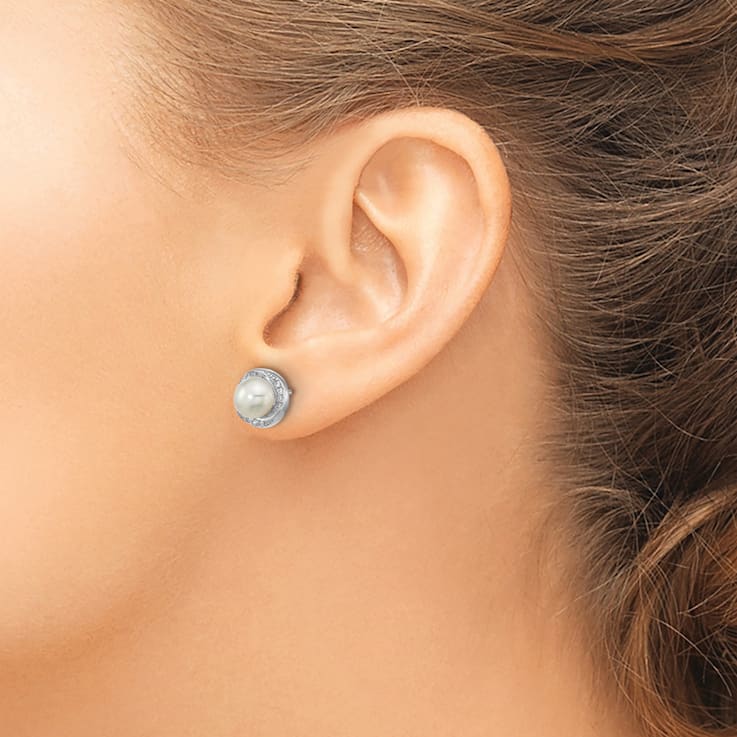 Rhodium Over Sterling Silver CZ 6-7mm White Button Freshwater Cultured
Pearl Post Earrings
