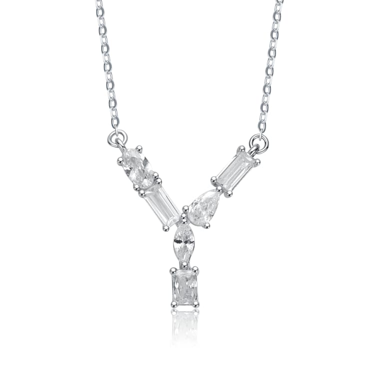 Initial Y Mixed Cut CZ Pendant Necklace In Sterling Silver 18 Inch