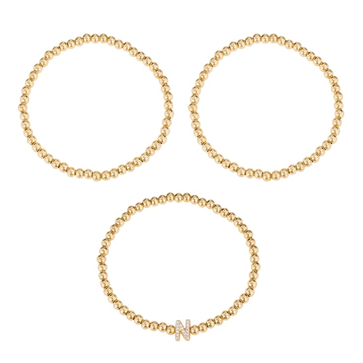 Initial N CZ Beaded Bracelet Set In 14K Gold Over Brass 0.16ctw