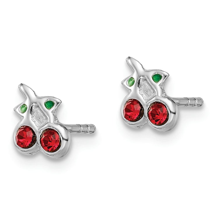 Rhodium Over Sterling Silver Red and Green Crystal Cherries Post Earrings