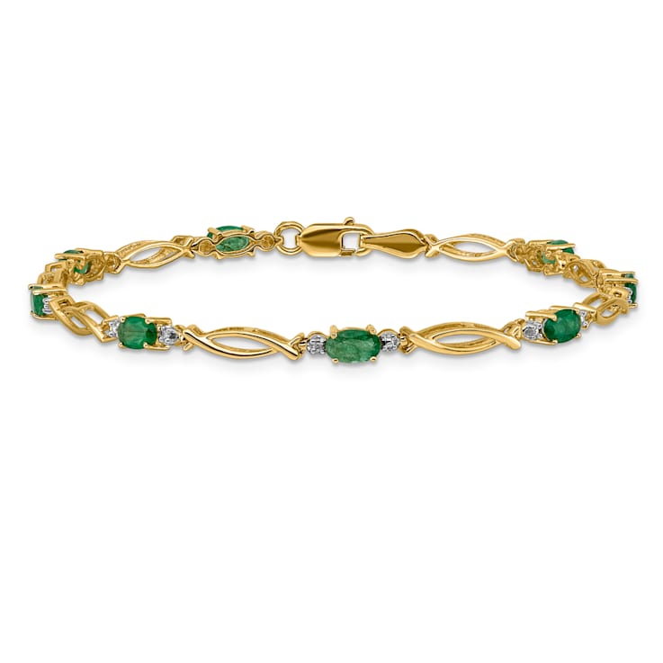 14k Yellow Gold and Rhodium Over 14k Yellow Gold Diamond and Emerald Bracelet