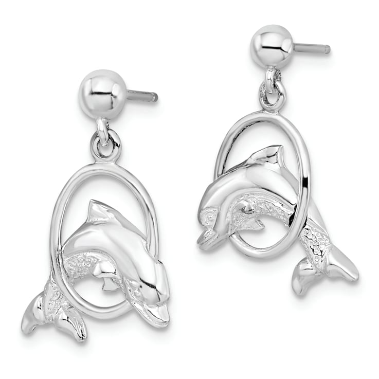 Rhodium Over Sterling Silver Dolphin in Hoop Dangle Post Earrings