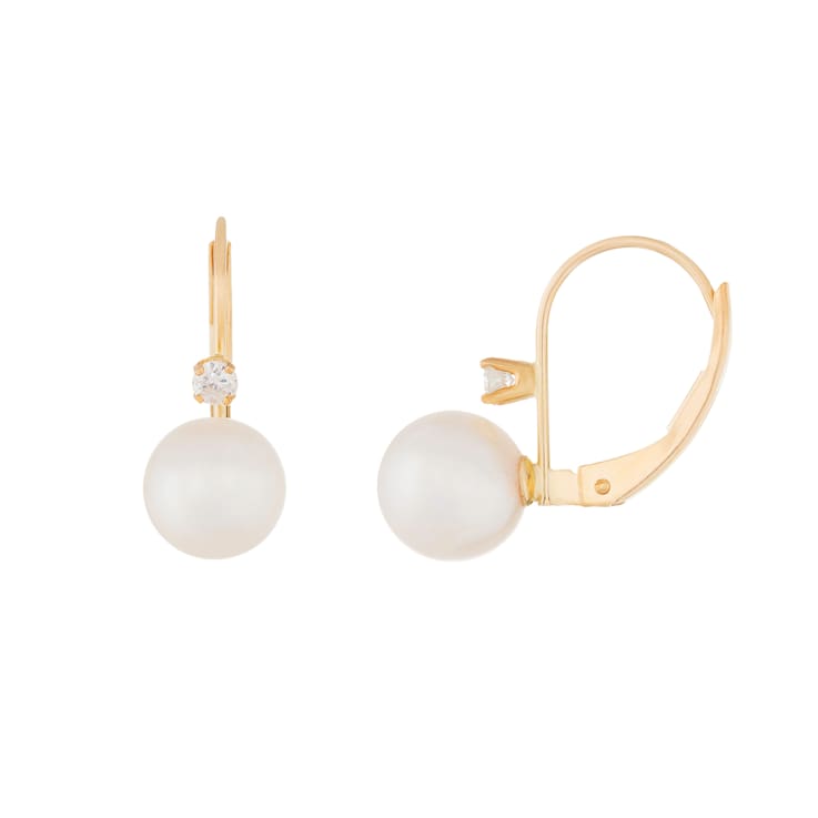 14k Yellow Gold Leverback Earring with 7mm Akoya Pearl and .10CT DTW