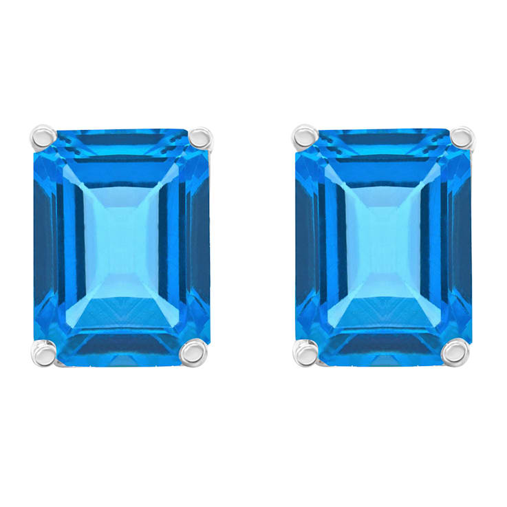 8x6mm Emerald Cut Blue Topaz 14k White Gold Stud Earrings