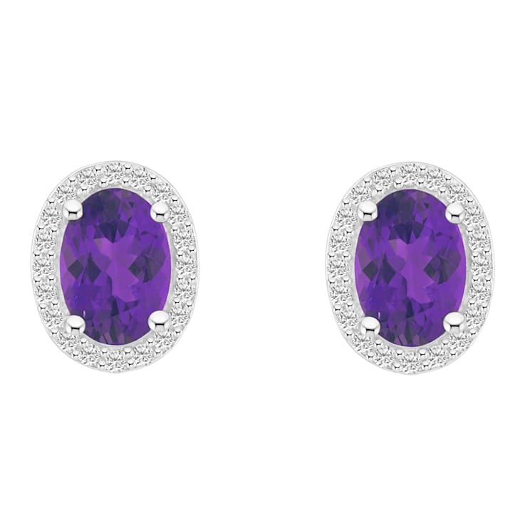 7x5mm Oval Amethyst And Created White Sapphire 10k White Gold Halo Stud Earrings