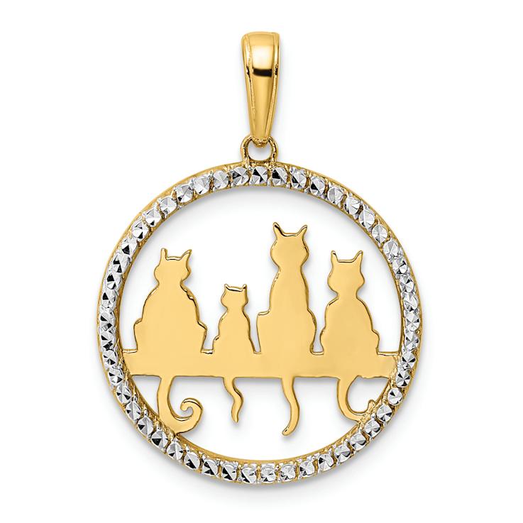 14K Two-tone Gold Diamond-Cut Cats Sitting on Bench Pendant