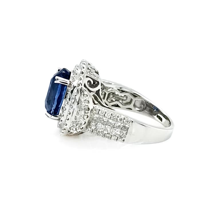 6.35 Ctw Blue Sapphire and 1.34 Ctw White Diamond Ring in 14K WG