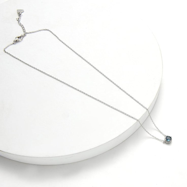 London Blue Topaz with White Topaz Halo Rhodium Over Sterling Silver Necklace