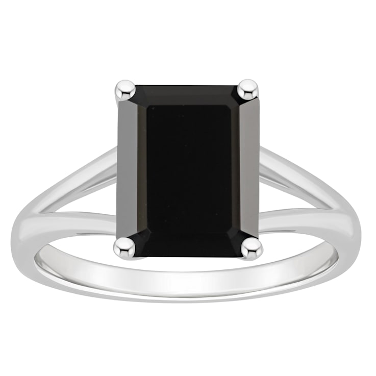 10x8mm Emerald Cut Black Onyx Rhodium Over Sterling Silver Ring
