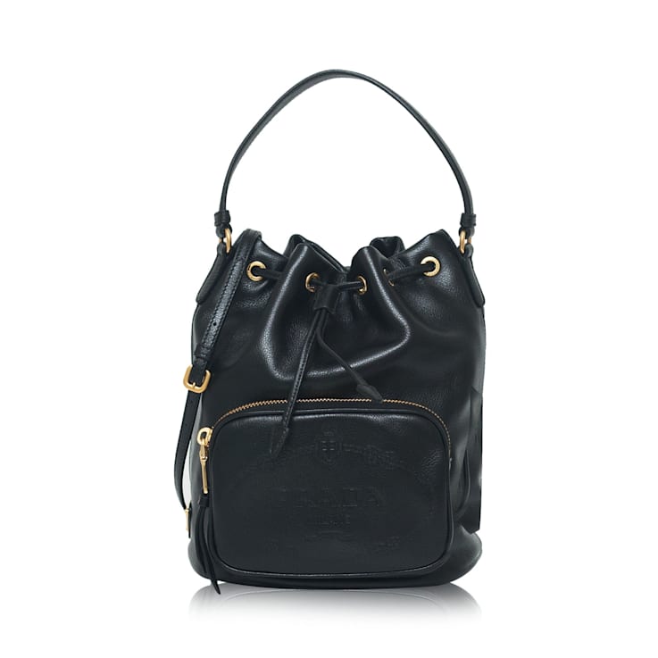 Prada Black Glace Calf Leather Logo Small Bucket Crossbody