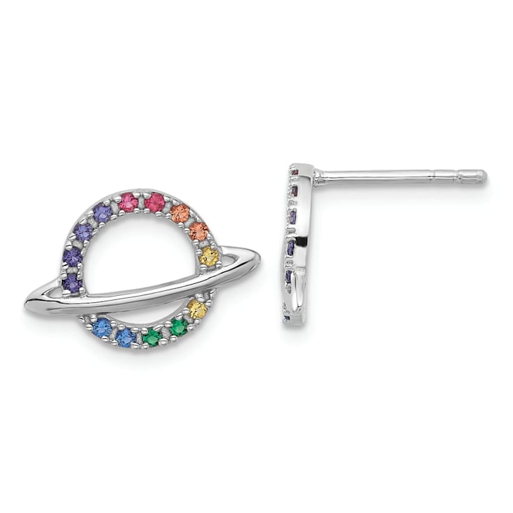 Rhodium Over Sterling Silver Multi-color Crystal Planet Children's Post Earring