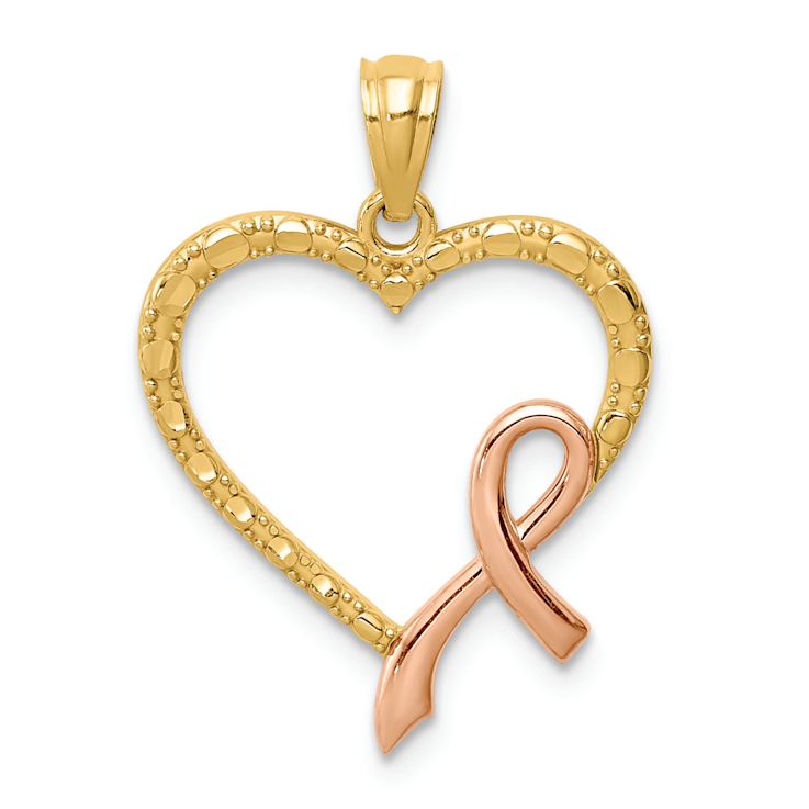 14k Two-tone Gold Pink Ribbon with Textured Heart Pendant