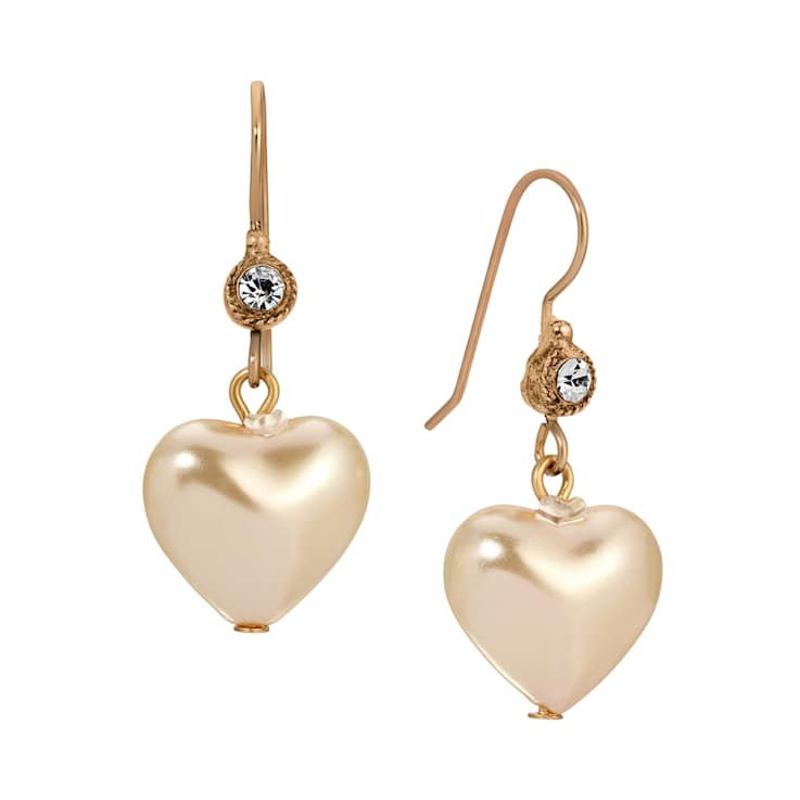 Gold Tone Heart Shaped Faux Pearl Clear Crystal Wire Earrings