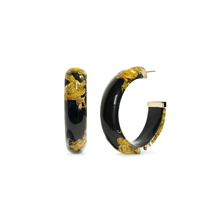 14K Yellow Gold Over Sterling Silver Small Gold Leaf Acrylic Hoops in Black