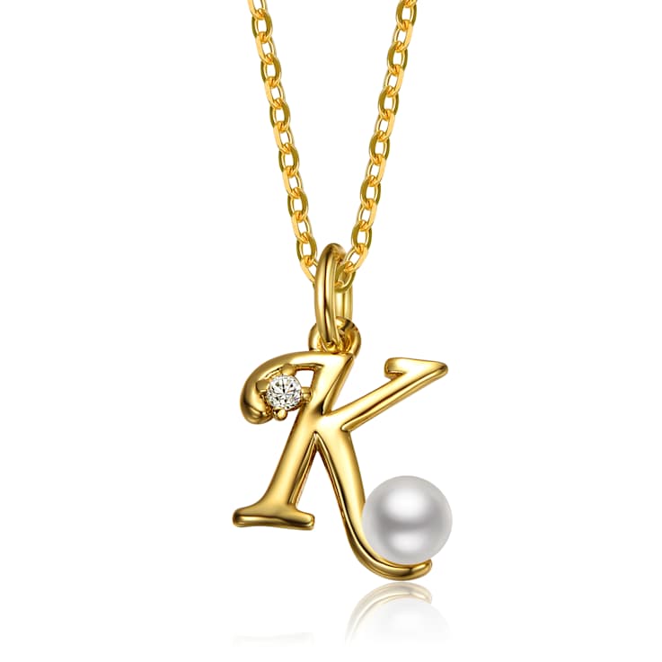 Initial K CZ And Pearl Pendant Necklace In 14K Gold Over Brass