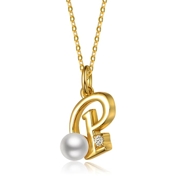 Initial P CZ And Pearl Simulant Pendant Necklace In 14K Gold Over Brass