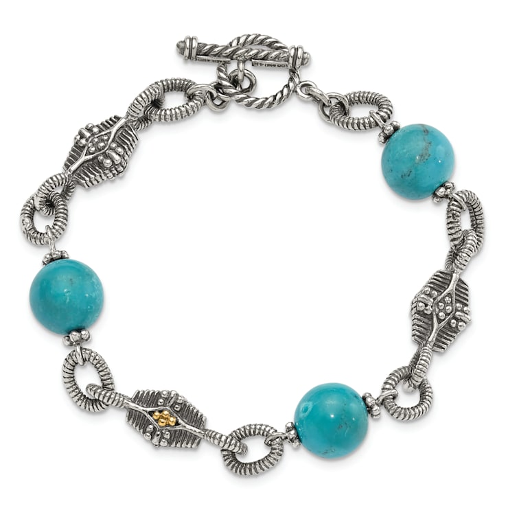 Sterling Silver with 14K Gold Over Sterling Silver Accent Oxidized
Reconstructed Turquoise Bracelet