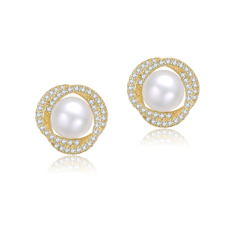 Pear Shape CZ And Mother Of Pearl Pave Stud Earrings In 14K Gold Over Brass