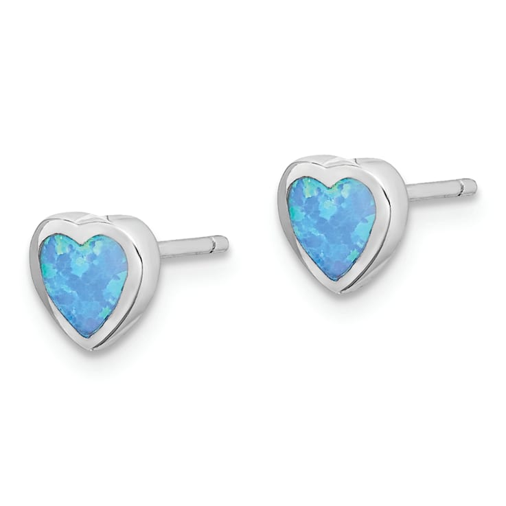 Rhodium Over Sterling Silver 6mm Blue Created Opal Heart Post Earrings