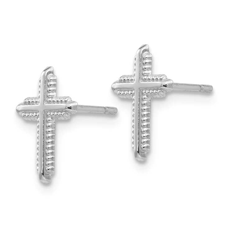 Rhodium Over 14k White Gold Polished and Textured Cross Stud Earrings