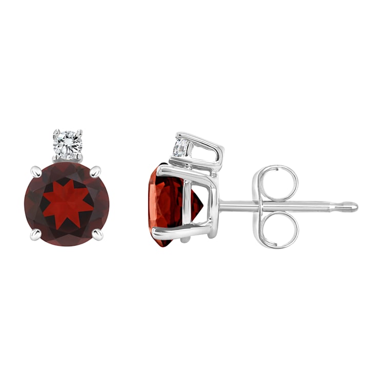 5mm Round Garnet with Diamond Accents 14k White Gold Stud Earrings