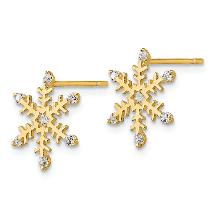 14k Yellow Gold 12mm Children's Cubic Zirconia Snowflake Stud Earrings